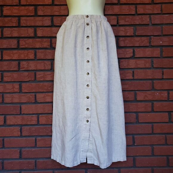 Vintage Linen Blend Button Front Skirt XS Beige 24 x 33.5 Minimalist Lagom 80s - Picture 1 of 8